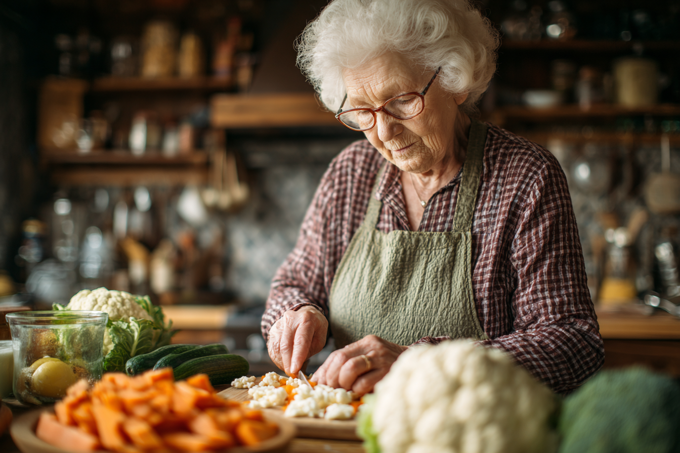 Старша жінка готує здорову їжу на кухні