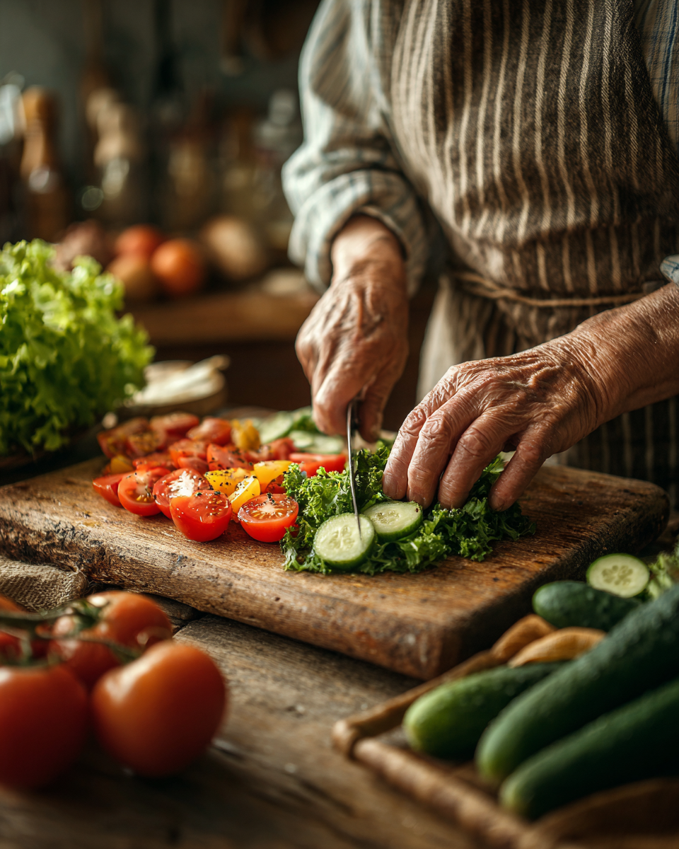 Старша пара готує здорову їжу разом